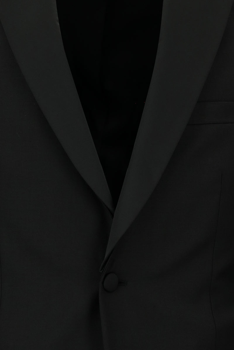 Siyah Slim Fit Dar Kesim Mono Yaka Yünlü Smokin & Damatlık