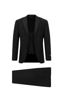 Siyah Regular Fit Mono Yaka Yelekli Yünlü Smokin & Damatlık