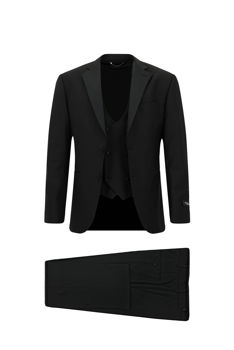 Siyah 6 Drop Regular Fit Standart Kesim Mono Yaka Yelekli Yünlü Smokin & Damatlık