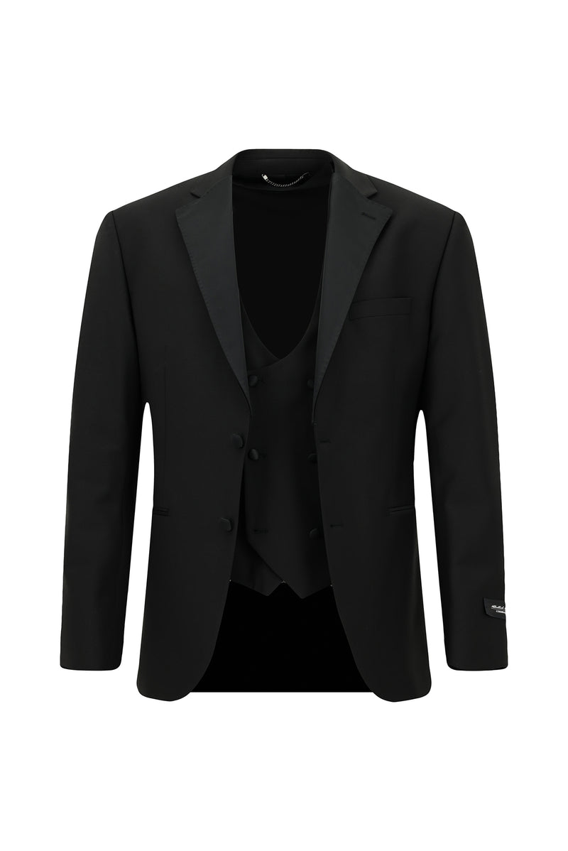 Siyah 6 Drop Regular Fit Standart Kesim Mono Yaka Yelekli Yünlü Smokin & Damatlık