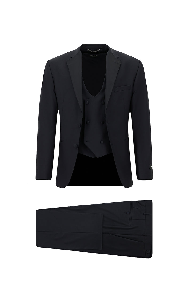 Koyu Lacivert 6 Drop Regular Fit Standart Kesim Mono Yaka Yelekli Yünlü Smokin & Damatlık