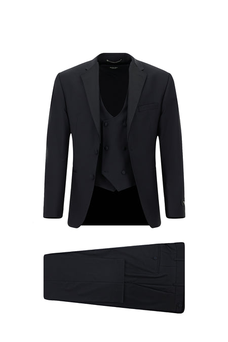 Koyu Lacivert Muscle Fit Mono Yaka Yelekli Yünlü Smokin & Damatlık