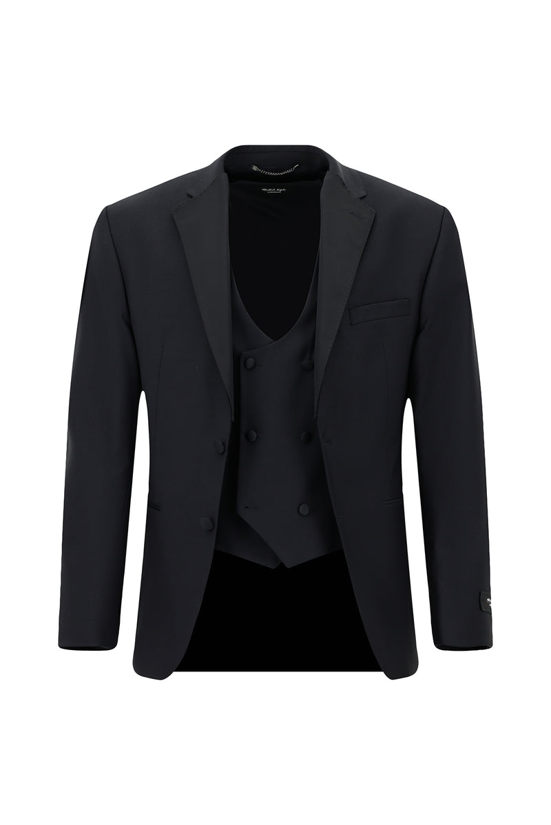 Koyu Lacivert Regular Fit Mono Yaka Yelekli Yünlü Smokin & Damatlık