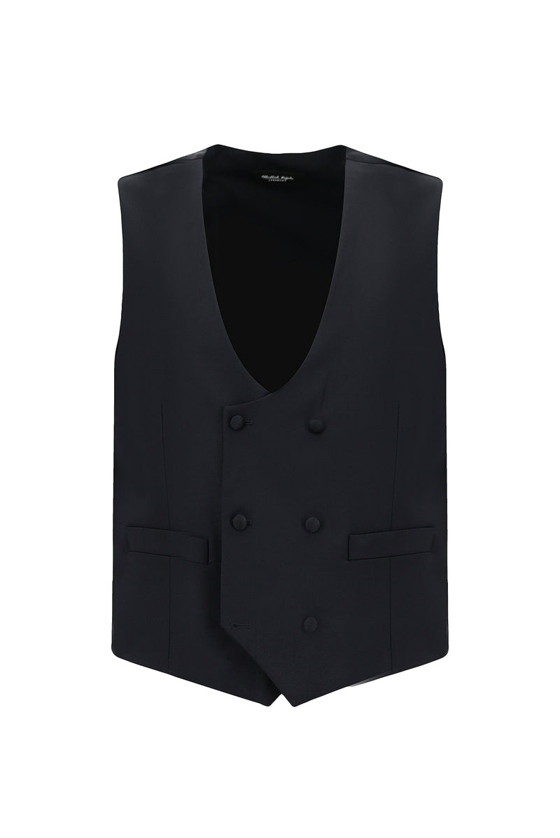 Koyu Lacivert 6 Drop Regular Fit Standart Kesim Mono Yaka Yelekli Yünlü Smokin & Damatlık
