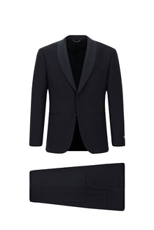 Koyu Lacivert Relaxed Fit Rahat Kesim Şal Yaka Yün Smokin & Damatlık