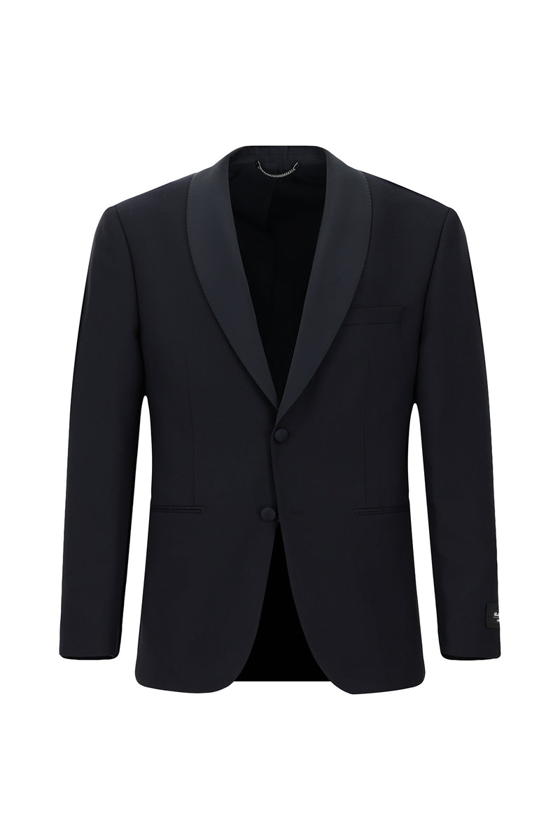 Koyu Lacivert 4 Drop Relaxed Fit Rahat Kesim Şal Yaka Yün Smokin & Damatlık