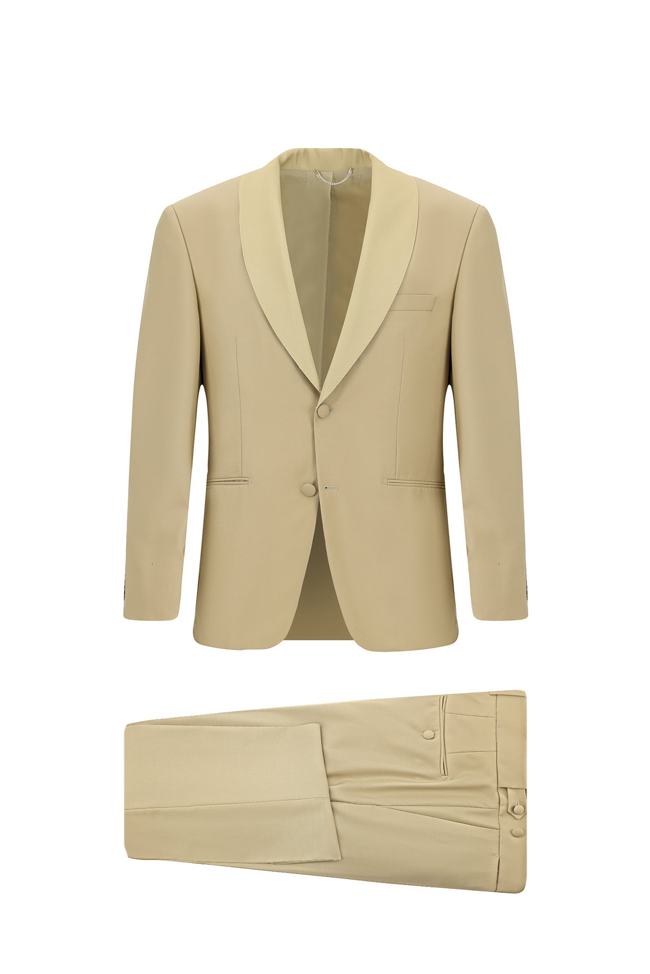 Orta Bej 4 Drop Relaxed Fit Rahat Kesim Şal Yaka Yün Smokin & Damatlık