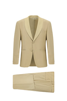 Orta Bej 4 Drop Relaxed Fit Rahat Kesim Şal Yaka Yün Smokin & Damatlık