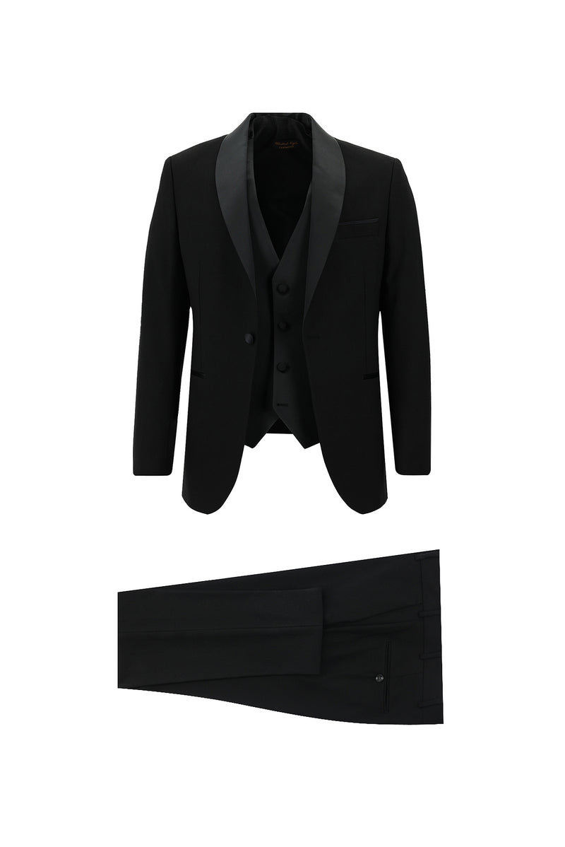Siyah Slim Fit Dar Kesim Yünlü Şal Yaka Yelekli Smokin & Damatlık