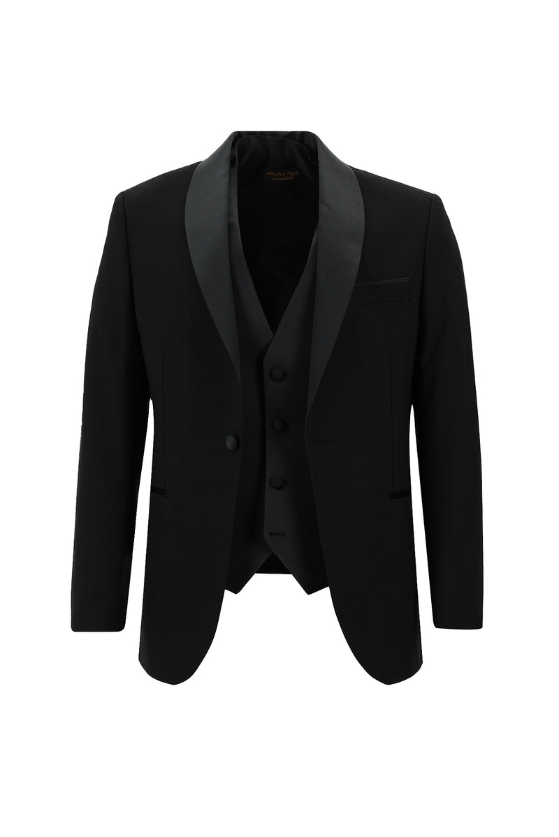 Siyah Slim Fit Dar Kesim Yünlü Şal Yaka Yelekli Smokin & Damatlık