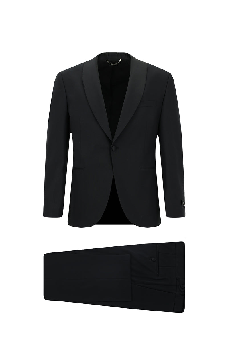 Siyah Slim Fit Dar Kesim Şal Yaka Yün Smokin & Damatlık