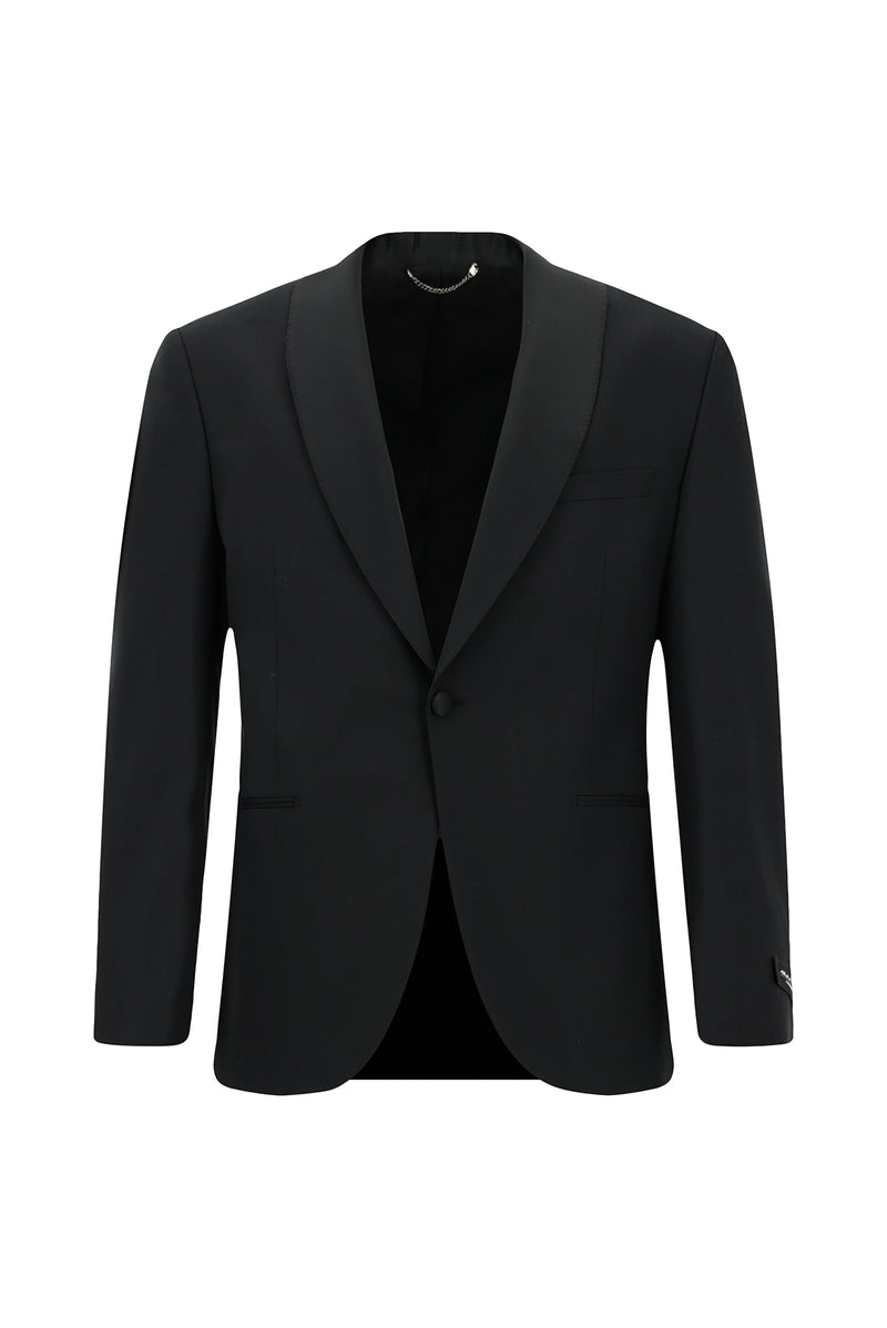 Siyah Slim Fit Dar Kesim Şal Yaka Yün Smokin & Damatlık