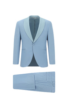 Aç?k Mavi 7 Drop Slim Fit Dar Kesim ?al Yaka Yün Smokin & Damatl?k-Abdullah Ki??l?