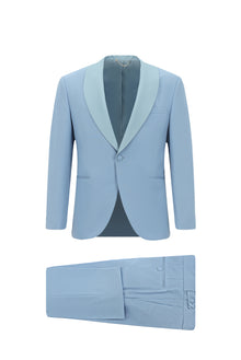 Açık Mavi Slim Fit Dar Kesim Şal Yaka Yün Smokin & Damatlık