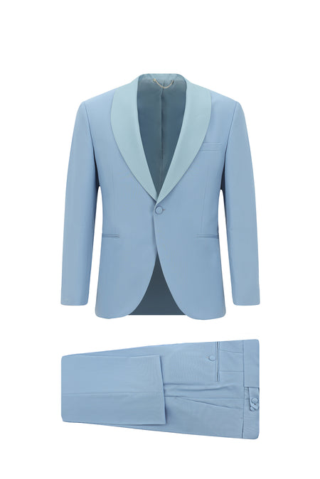 Açık Mavi Slim Fit Dar Kesim Şal Yaka Yün Smokin & Damatlık