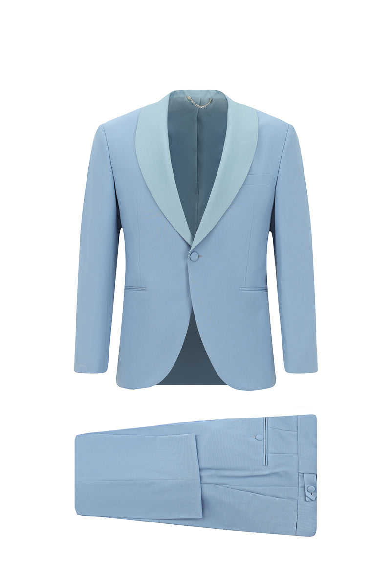 Açık Mavi Slim Fit Dar Kesim Şal Yaka Yün Smokin & Damatlık