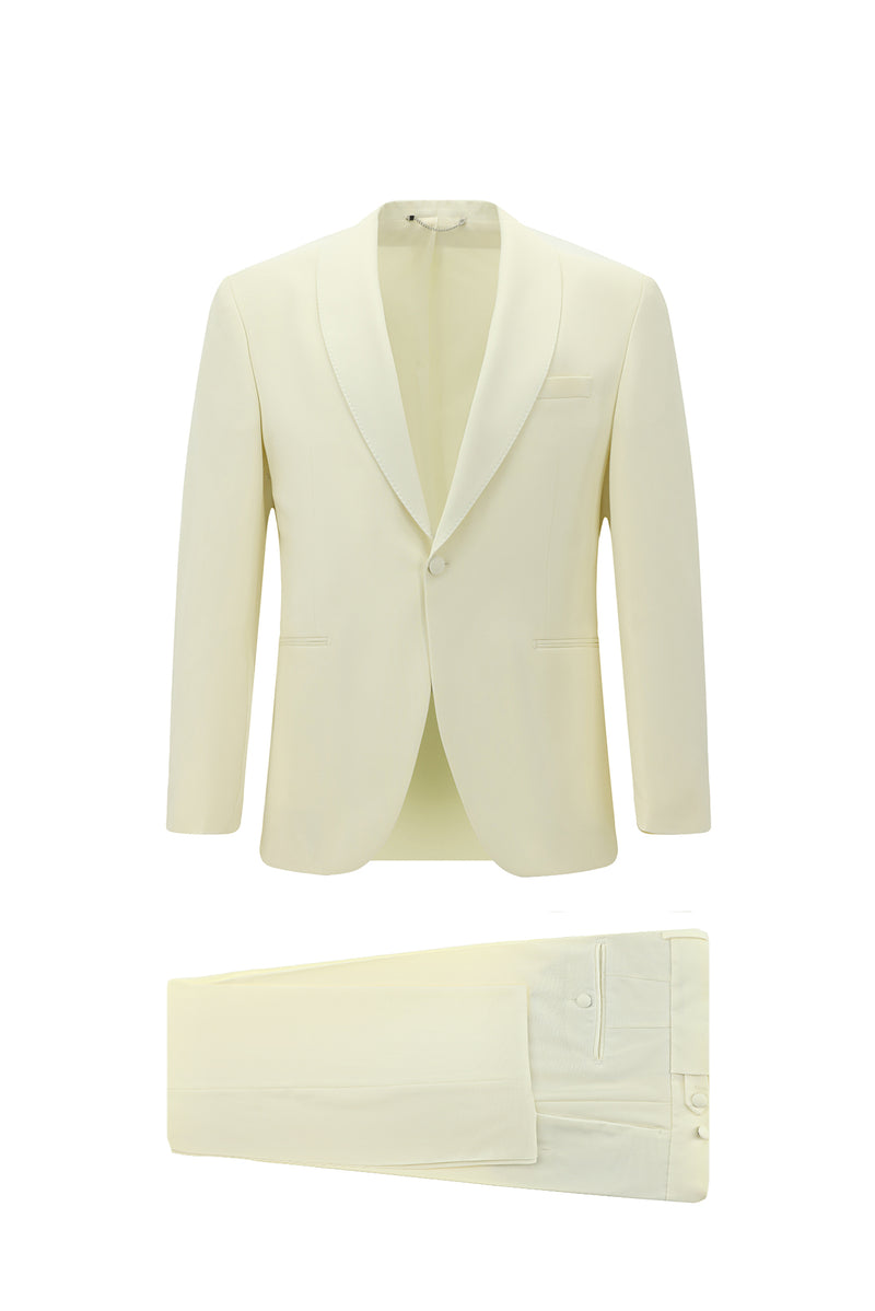 Krem Slim Fit Dar Kesim Şal Yaka Yün Smokin & Damatlık