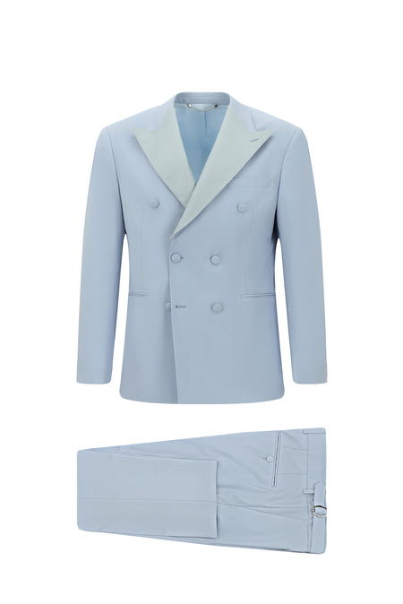 Açık Mavi Regular Fit Sivri Yaka Yün Kruvaze Smokin & Damatlık