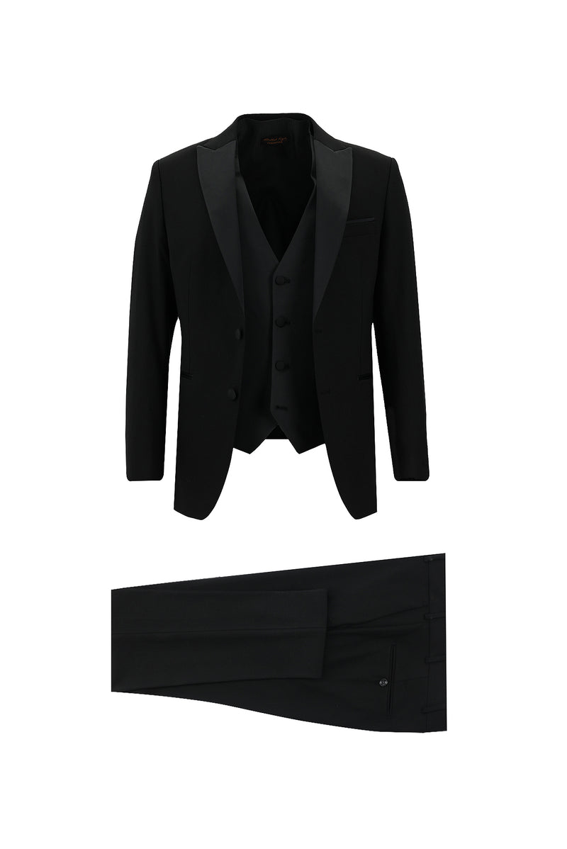 Siyah Slim Fit Dar Kesim Yünlü Sivri Yaka Yelekli Smokin & Damatlık