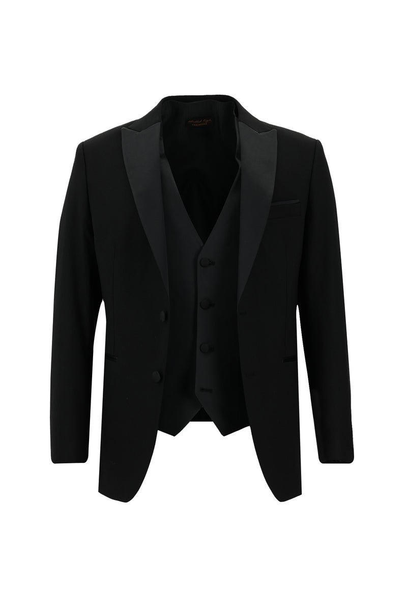 Siyah Slim Fit Dar Kesim Yünlü Sivri Yaka Yelekli Smokin & Damatlık