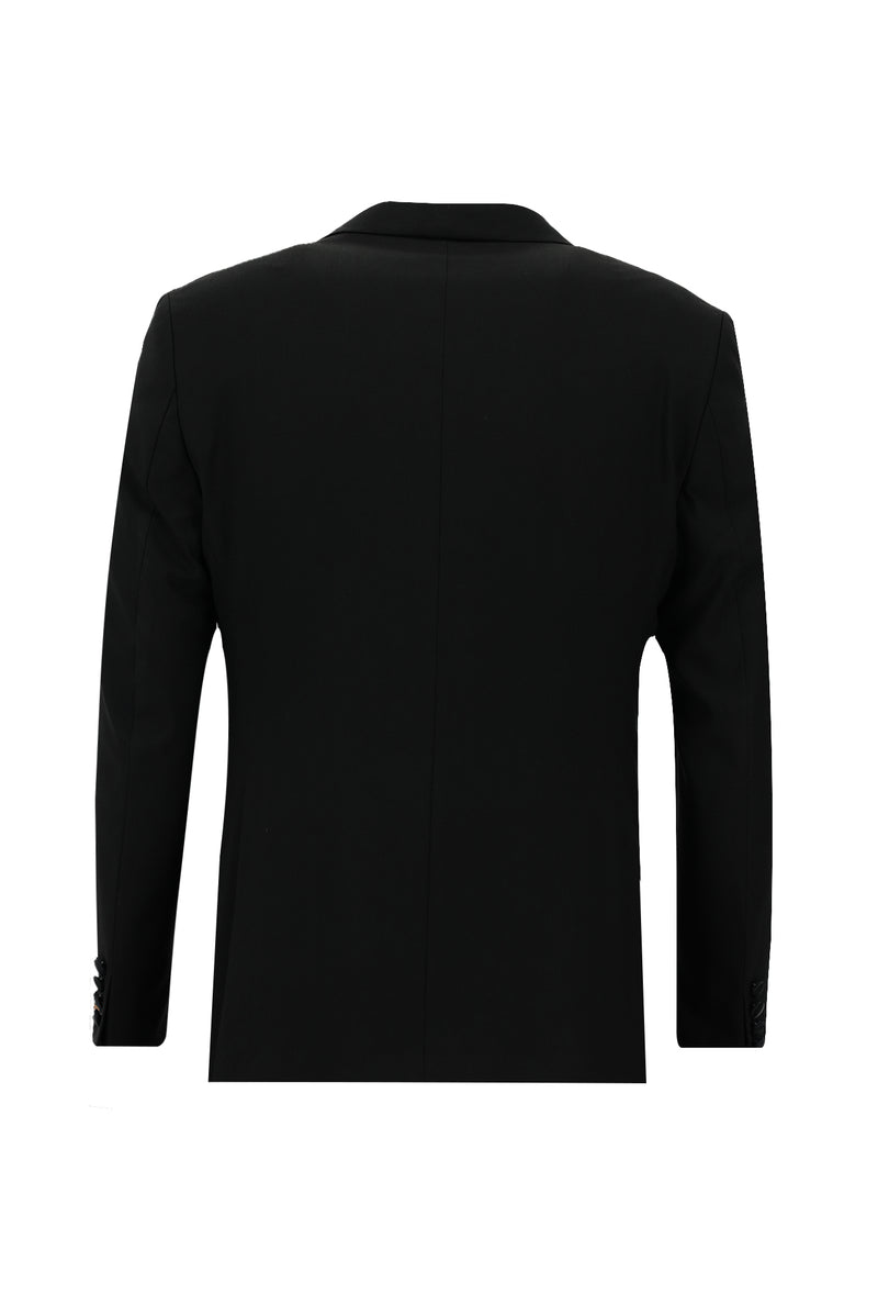 Siyah Slim Fit Dar Kesim Yünlü Sivri Yaka Yelekli Smokin & Damatlık
