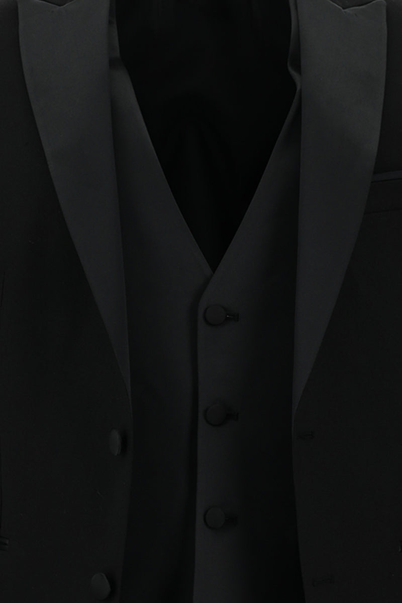 Siyah Slim Fit Dar Kesim Yünlü Sivri Yaka Yelekli Smokin & Damatlık