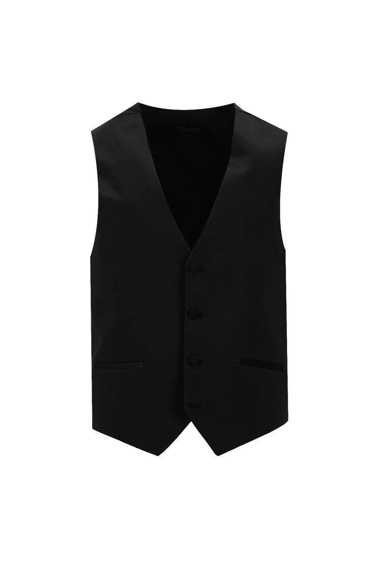 Siyah Slim Fit Dar Kesim Yünlü Sivri Yaka Yelekli Smokin & Damatlık