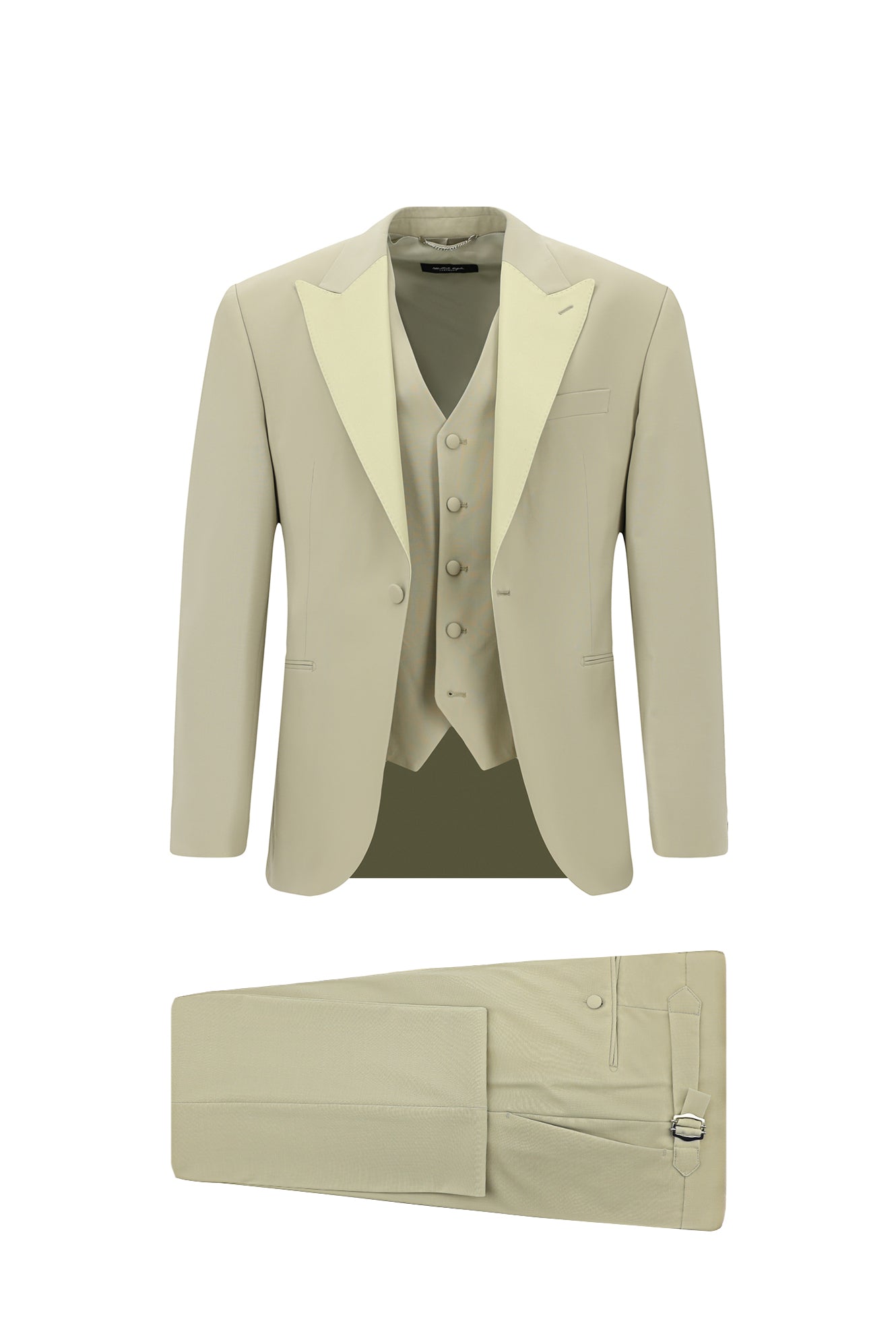 Orta Bej Slim Fit Dar Kesim Sivri Yaka Yelekli Yünlü Smokin & Damatlık