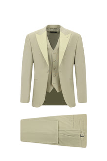 Orta Bej Slim Fit Dar Kesim Sivri Yaka Yelekli Yünlü Smokin & Damatlık