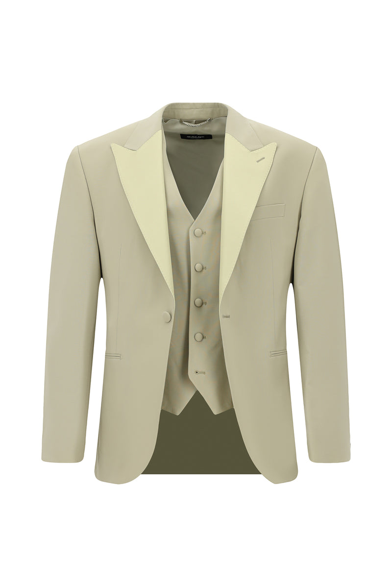 Orta Bej 7 Drop Slim Fit Dar Kesim Sivri Yaka Yelekli Yünlü Smokin & Damatlık