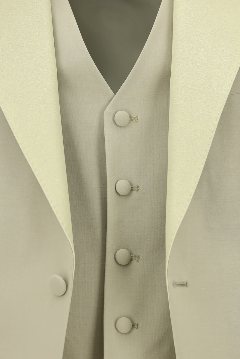 Orta Bej Slim Fit Dar Kesim Sivri Yaka Yelekli Yünlü Smokin & Damatlık