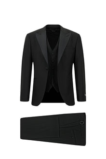 Siyah 7 Drop Slim Fit Dar Kesim Sivri Yaka Yelekli Yünlü Smokin & Damatl?k-Abdullah Ki??l?