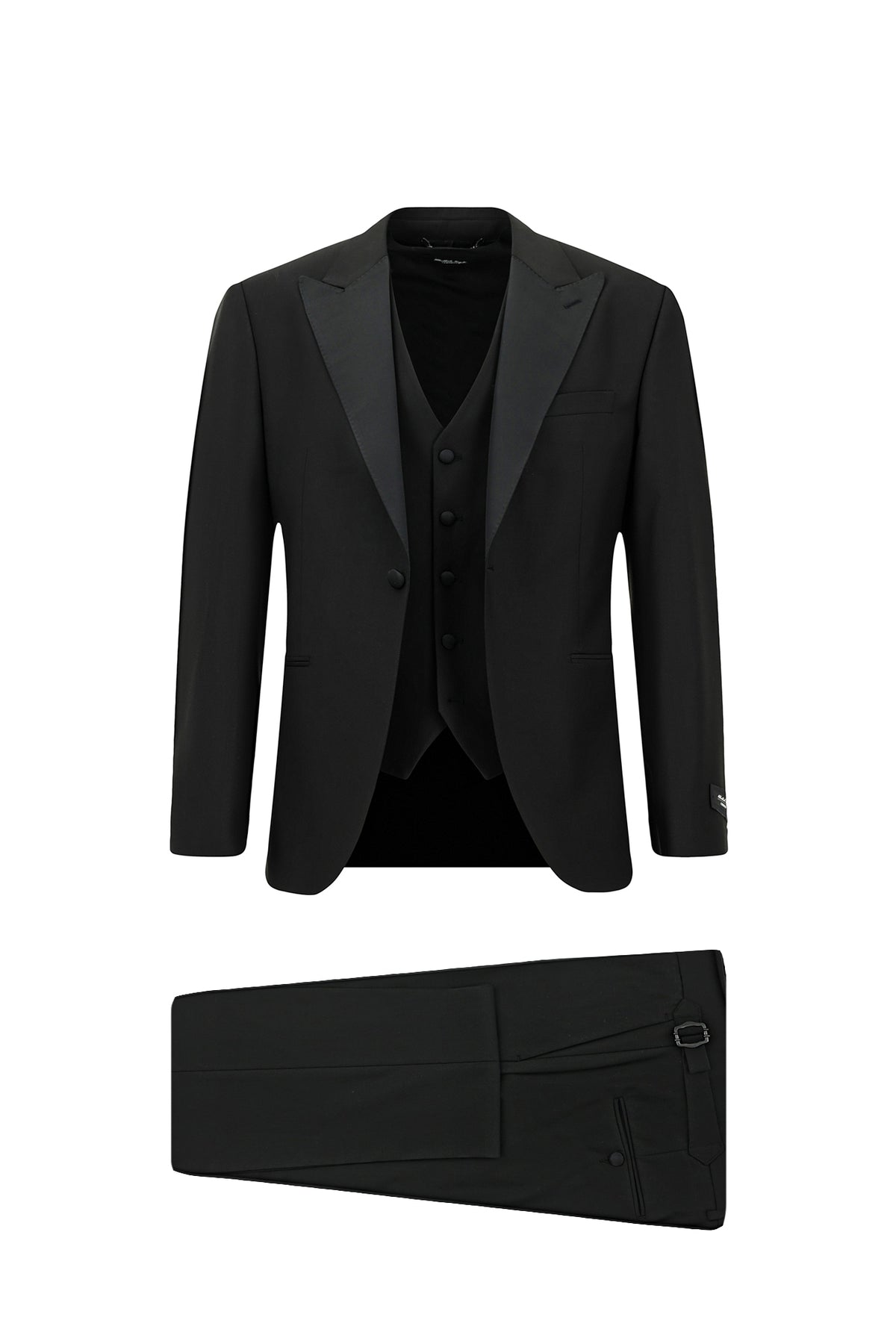 Siyah 7 Drop Slim Fit Dar Kesim Sivri Yaka Yelekli Yünlü Smokin & Damatlık