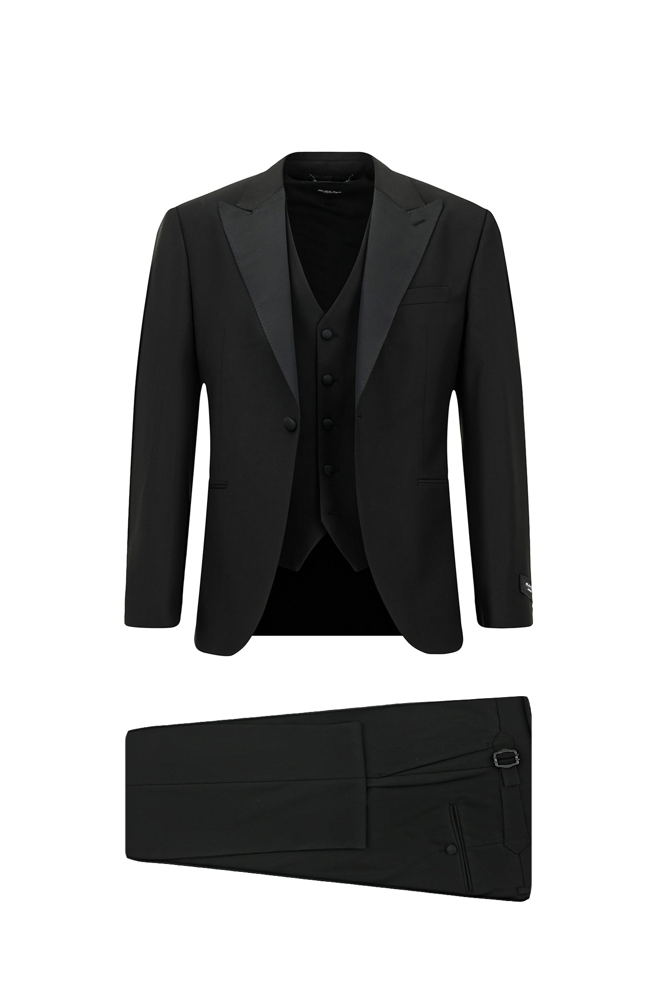 Siyah Slim Fit Dar Kesim Sivri Yaka Yelekli Yünlü Smokin & Damatlık