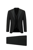 Siyah Slim Fit Dar Kesim Sivri Yaka Yelekli Yünlü Smokin & Damatlık