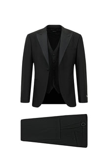 Siyah Slim Fit Dar Kesim Sivri Yaka Yelekli Yünlü Smokin & Damatlık