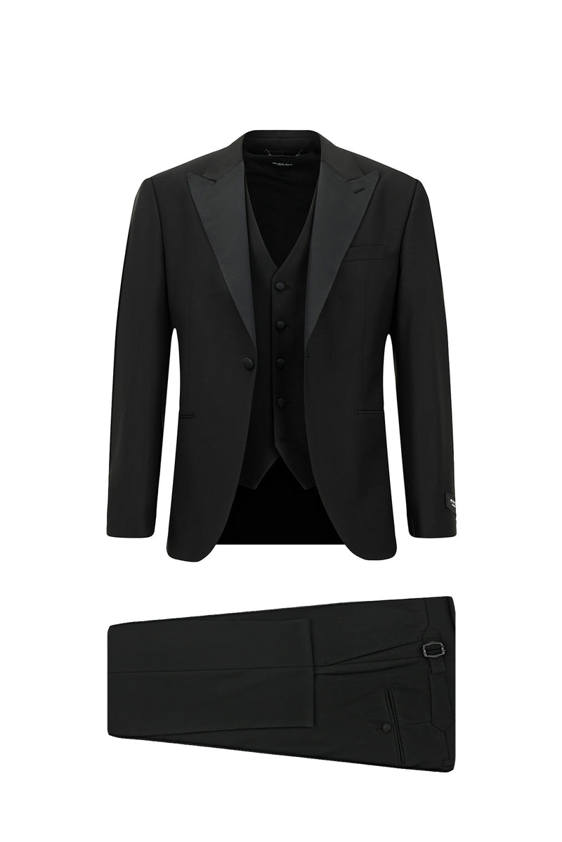 Siyah Slim Fit Dar Kesim Sivri Yaka Yelekli Yünlü Smokin & Damatlık