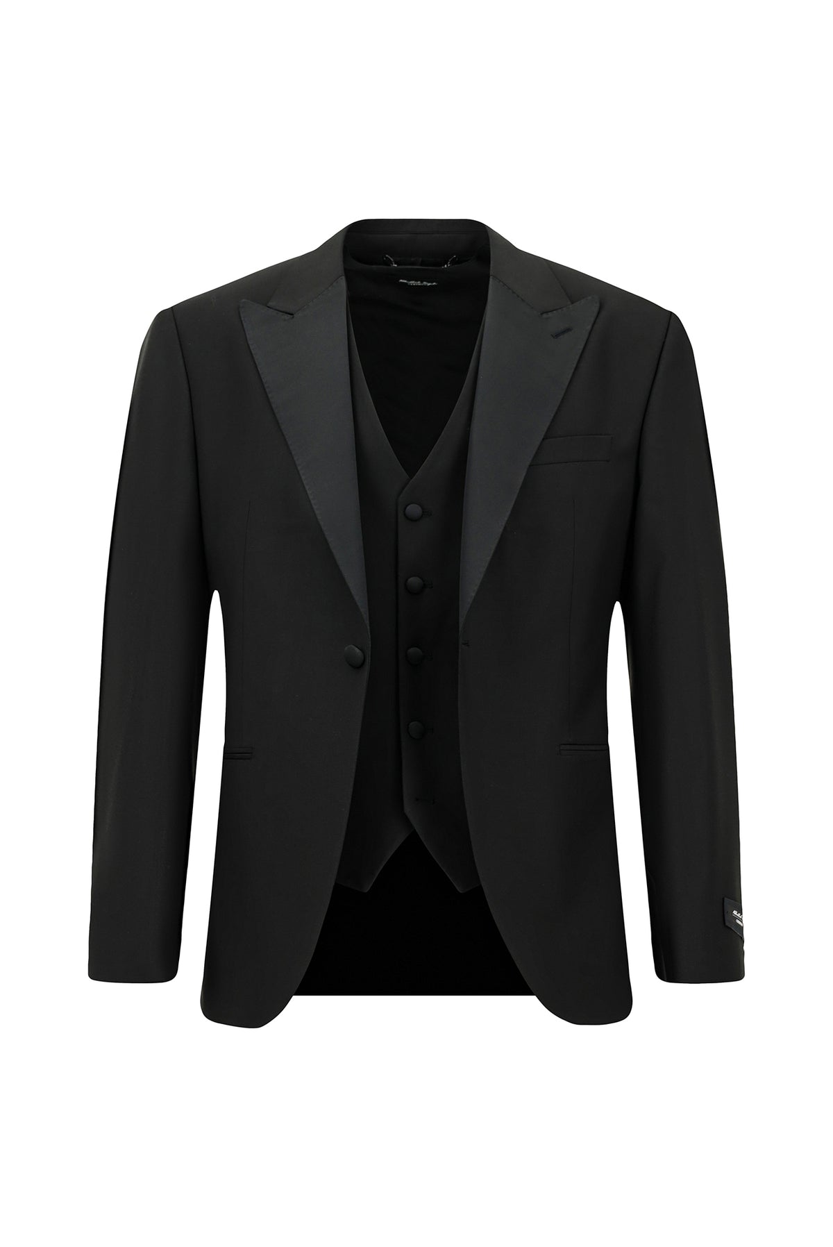 Siyah 7 Drop Slim Fit Dar Kesim Sivri Yaka Yelekli Yünlü Smokin & Damatlık