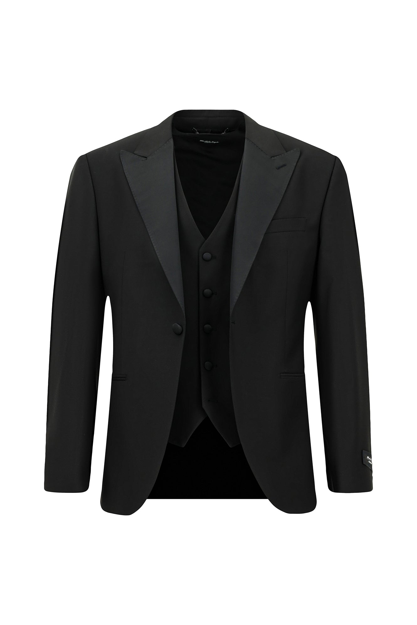Siyah Slim Fit Dar Kesim Sivri Yaka Yelekli Yünlü Smokin & Damatlık