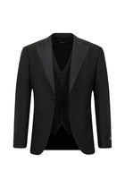 Siyah Slim Fit Dar Kesim Sivri Yaka Yelekli Yünlü Smokin & Damatlık