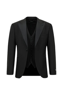 Siyah Slim Fit Dar Kesim Sivri Yaka Yelekli Yünlü Smokin & Damatlık