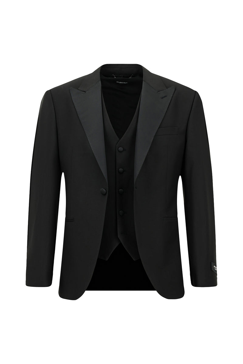 Siyah Slim Fit Dar Kesim Sivri Yaka Yelekli Yünlü Smokin & Damatlık