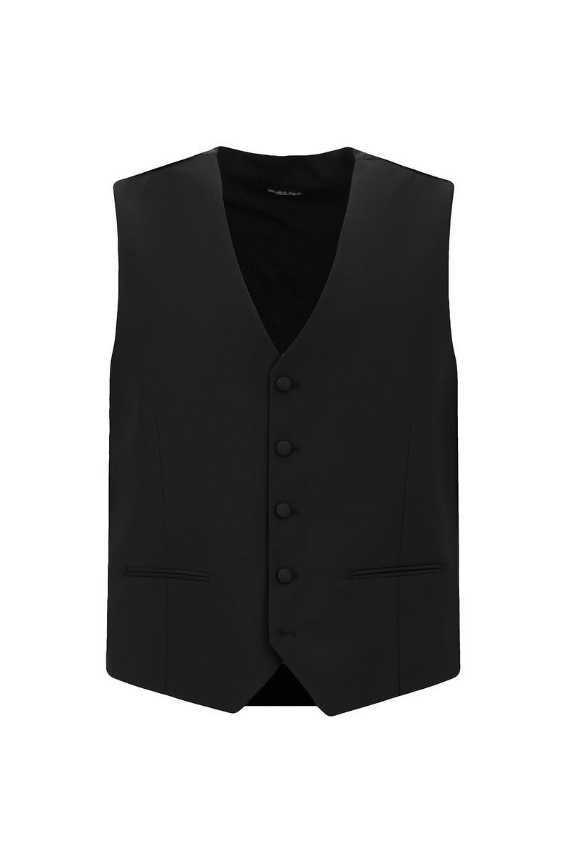 Siyah 7 Drop Slim Fit Dar Kesim Sivri Yaka Yelekli Yünlü Smokin & Damatlık