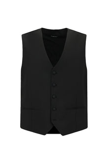 Siyah Slim Fit Dar Kesim Sivri Yaka Yelekli Yünlü Smokin & Damatlık