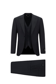 Koyu Lacivert Slim Fit Dar Kesim Sivri Yaka Yelekli Yünlü Smokin & Damatlık