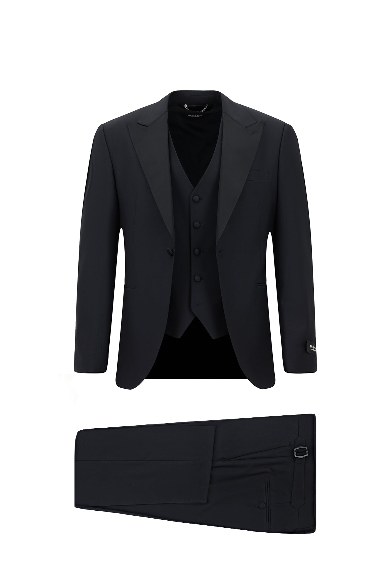 Koyu Lacivert Slim Fit Dar Kesim Sivri Yaka Yelekli Yünlü Smokin & Damatlık