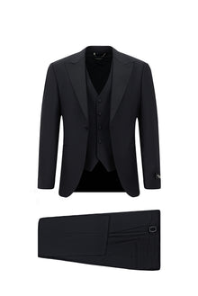 Koyu Lacivert 7 Drop Slim Fit Dar Kesim Sivri Yaka Yelekli Yünlü Smokin & Damatl?k-Abdullah Ki??l?