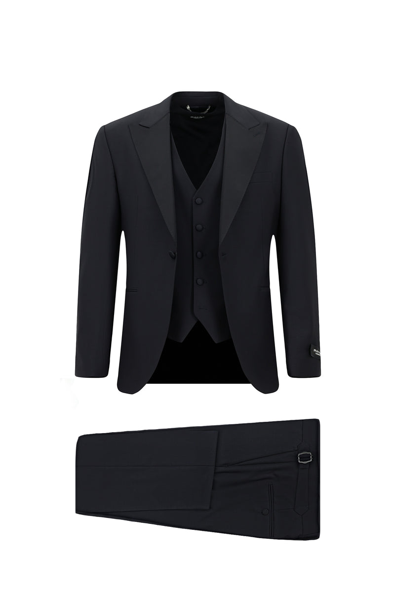 Koyu Lacivert Slim Fit Dar Kesim Sivri Yaka Yelekli Yünlü Smokin & Damatlık