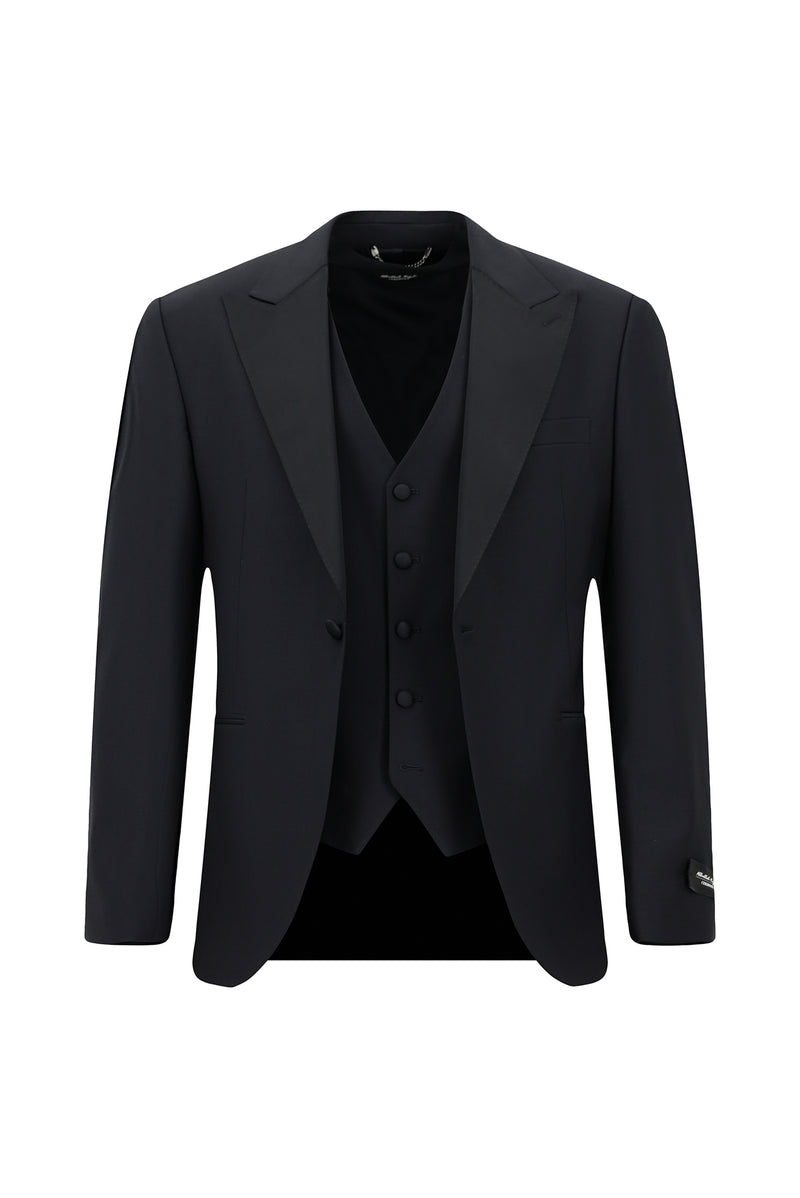 Koyu Lacivert Slim Fit Dar Kesim Sivri Yaka Yelekli Yünlü Smokin & Damatlık