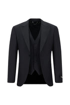 Koyu Lacivert Slim Fit Dar Kesim Sivri Yaka Yelekli Yünlü Smokin & Damatlık